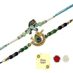 Avanti Creations Set of 2 Krishna Morepankh Rakhi For Brother With Roli Tilak Greetings Card