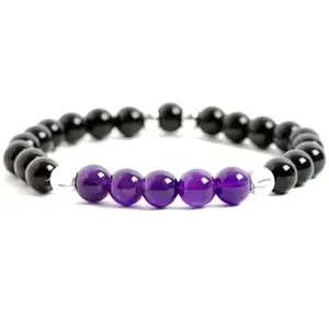 Lady Works Natural Amethyst & Black Tourmaline 8mm Round Shape Smooth Cut Beads 7.5 Inch Stretchable Bracelet For Men & Women. Unisex Bracelet For Healing, Meditation, Prosperity & Luck|LW_BRST_00455_7.5