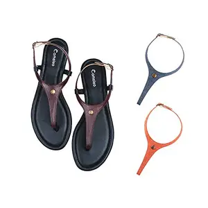 Cameleo -changes with You! Women's Plural T-Strap Slingback Flat Sandals | 3-in-1 Interchangeable Strap Set | Brown-Leather-Dark-Blue-Red