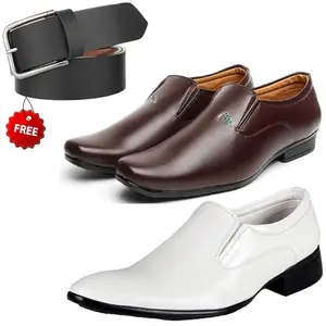 Relaxed Trendy Formal Shoes/Party Shoes/ 2 Shoes Combo with Free Belt for Men and Boys (BAZAAR8386_VTR-2004-Wht) Multicolor
