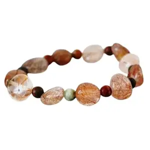 RRJEWELZ 4-10mm Natural Gemstone Copper Rutilated Quartz & Picasso Jasper Tumble & Round shape Smooth cut beads 7 inch stretchable bracelet for women. | STBR_RR_W_02901