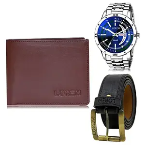 LOREM Mens Combo of Watch with Artificial Leather Wallet & Belt FZ-LR110-WL14-BL01