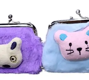 ANESHA Faux Fur Wallet Small Ladies Mini Coin Purse with and Kiss Lock Pack of 2