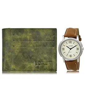 LOREM Combo of Brown Wrist Watch & Green Color Artificial Leather Wallet (Fz-Wl17-Lr16)