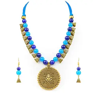 Rupkutir Royal Blue and Firoza Glass Beeds Necklace with Earing Set For Women