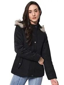 Trufit Women Black Full Sleeves Solid Polyester Jacket With Removable Hood XL