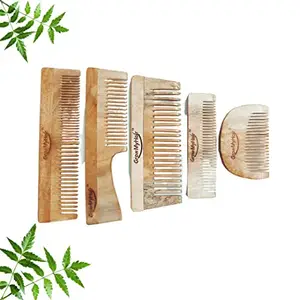 GrowMyHair Neem Wood Comb Anti-Bacterial Anti Dandruff Comb for All Hair Types, Promotes Hair Regrowth, Reduce Hair Fall (Set of 5, Wide & Thin, Broad, Handle, D Shape, Pocket Comb)