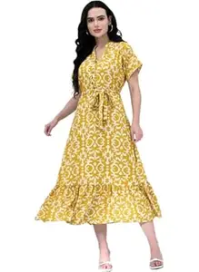 JUSTHER Women's Elegant Ikat Print Midi Dress – Wrinkle-Free A-Line Dress with Adjustable Waist Tie and V-Neckline
