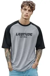 LEOTUDE Men's Half Sleeve Cottonblend Printed Colourblocked Round Neck Drop Shoulder Oversized Tshirt for Man (Color Red)