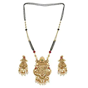 Mansiyaorange Black Beads Matte Gold Multi Green Red South Indian Temple Theme Mangalsutra Nallapusalu/Mangalsutra/Tanmaniya With Earrings For Women(24 Inch Long)