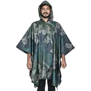 HACER Rain Poncho Hooded PU Rainwear Foldable Polyester Windbreaker Heavy Duty Jacket for Outdoor Hiking Camping (Army Green)