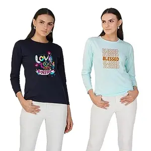 Women Casual Fancy Printed Full Sleeve T Shirt for Women Navy Blue, Aqua Blue-XL (FULLSLEEVE-COMBO-LADIES-5172-XL_BZ)
