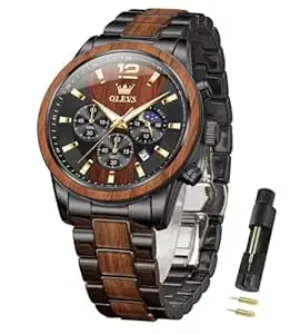 OLEVS Chronograph Watches for Men Original Analog Quartz Gold Silver Stainless Steel Metal Strap Blue Luxury Moon Phase Date Waterproof Branded Men's Wrist Watch