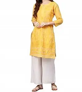 Lucknowi Indian Style Embroidered Yellow Color, Lucknowi Net dommon Kurti for Ladies, Short Kurti. Yellow (XXX-Large)