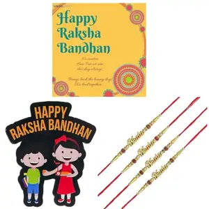 Webelkart Set Of 4 Stone Rakhi for Bhaiya And Kids With Fridge Magnet,Rakhi For Brother Bhabhi, Raksha Bandhan Combo PackWith Greeting Card Roli Chawal