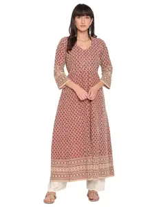 Women's Casual 3/4th Sleeve Chikan Embroidery Cotton Kurti (Red, XL)-PID48461