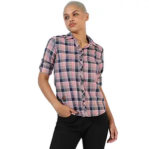 Campus Sutra Women's Pink Tartan Plaid Button Up Regular Fit Shirt for Casual Wear | Spread Collar | Long Sleeves | Cotton Shirt Crafted with Regular Sleeve & Comfort Fit for Everyday Wear