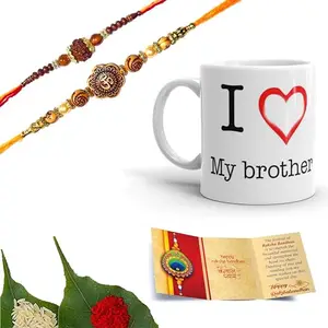 Chinove Om and Rudraksh Elegant Design Handmade Rakhi’s for Brother and Bhabhi Set of 2 with Wishing Card, Roli Chawal and Printed Ceramic Mug (SM18)