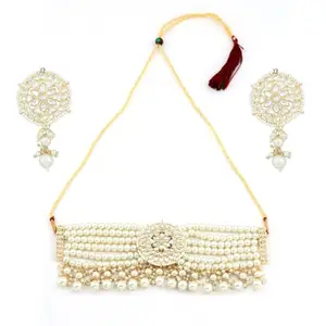 ACCESSHER Traditional Gold Plated Kundan and Pearls Embellished Statement Chokar Necklace Set with Earrings for Womena and Girls