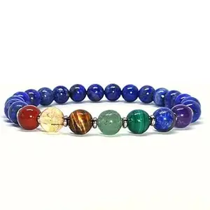 LKBEADS Natural 7 Chakra Stone & Lapis Lazuli 8mm Round Shape Smooth Cut Beads 7 inch Stretchable Bracelet for Men & Women|STBR_RR_00080_70