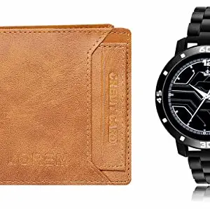 LOREM Orange Color Faux Leather Wallet & Black Analog Watch Combo for Men | WL06-LR113