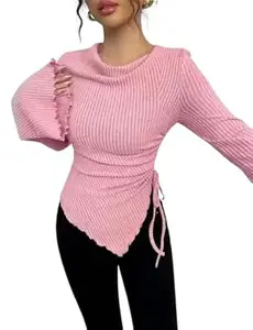 GORBETALI Ribbed Bell Sleeve | Round Neck Slim Fit Stretchable for Casual