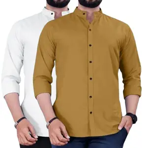 Restore Fashion Men’s Solid Mandarin Collar Shirt – Full Sleeve, Slim Fit, Casual & Formal Cotton Blend Shirt (in, Alpha, L, Regular, White Yellow)