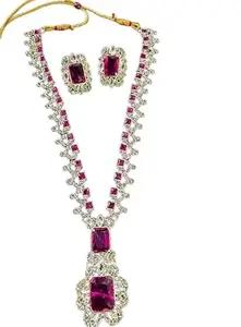 Nirmala Fashion Alloy Neeta Ambani Magenta Emerald Necklace Set for Women & Girls | American Diamond Necklace with Earrings Set (Magenta)