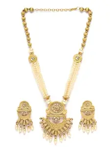 Adiva Latest Stylish Traditional Gold-Plated Artificial Stones Pearl and Beads Handcrafted Temple Necklace with Earrings Jewellery Set for Women & Girls