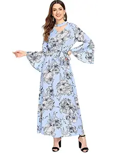 SHEIN Women's Floral Print Long Sleeve Cut Out Neck Belted Maxi Dress Blue S