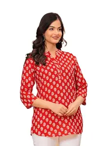 Women Floral Printed Tunic Tops 3/4 Roll Sleeve V Neck Blouses Long Sleeve Shirts for Women(SFK001) (in, Alpha, M, Regular, Standard, RED)