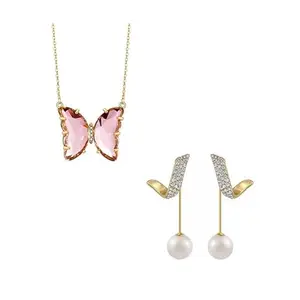 Pink Crystal Butterfly Necklace and Drop Earring for Women and Girls