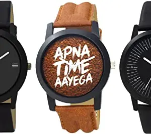 FEMEO Pack of 3 Designer Stylish Apna Time Ayega & Black Dial Watches for Man & Boy's