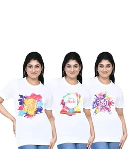 SWAGATA Enterprise Women's Casual Graphic Printed Holi T-Shirt Combo I Regular Fit Round Neck Air Jet Tshirt for Women I Unisex Tshirt Combo, Pack of 3 - White/Multi14 (Size - L)