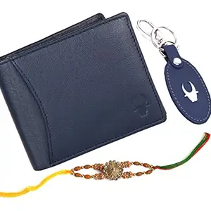 WildHorn Rakhi Gift Hamper for Brother - Classic Men's Combo/Gift Set of Leather Wallet, Keyring and Rakhi for Brother (Navy)