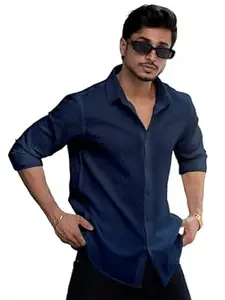 WIZOON Shirt for Men | Men’s Black Textured | Regular Fit | Textured Cotton Blend Casual | Full Sleeves | Spread Collar | Western Stylish