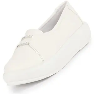 FAUSTO FST 1368 WHITE-36 Women White Dual Lace Detail with Textured Slip-On Platform Loafers | Height Enhancer Chic Casual Shoes | Everyday Comfort with Memory Cusion Insole (3 UK)