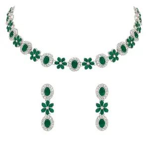 I Jewels Silver Plated Traditional Stone Design Necklace Set with Earrings & Maang Tika for Women (Silver Green)