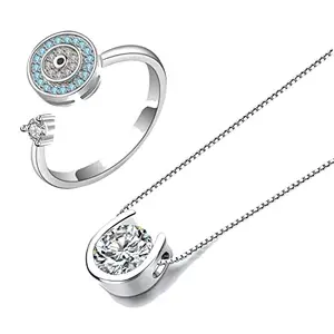 Fashion Frill Women's Jewellery Silver Pendant Chain For Women Girls Crystal Pendant Necklace With Rotatable Round Silver Ring For Women Girls Gift for Sister Love Gifts Combo Set
