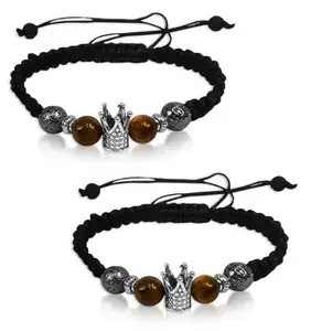 Bigwheels (Pack Of 2 Pcs 8mm Moti Bead Natural Tiger Evil Eye & Lava Rock Crystal Stone Aromatherapy Anxiety Healing Reiki Stress Relief Yoga With King Crown Wrist Band Dori Rope Braided Bracelets