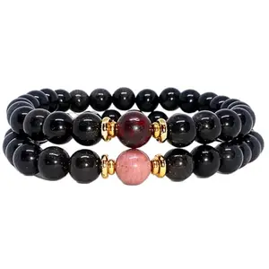 RRJEWELZ black obsidian with bloodstone & rhodochrosite 8mm Round Smooth beads Long Distance Couples Love Friendship Combo Bracelet Set - Couples Relationship 6 inch Stretchable Bracelets set|RR_CPBR_057_6