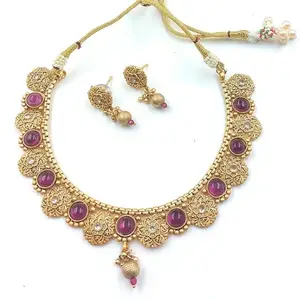 Women's Premium Rajwadi Copper Jewelry Set Handcrafted South Indian Jewelry Traditional Gold-Plated Kundan Necklace Set Pack of 1