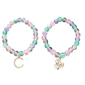 Jewelsbysirani Pach Of 2 (Moon,flower) Stylish Trendy American Diamond Stone Charm Multi-coloured Beads Bracelet Combo For Women And Girls