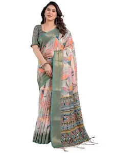 Elaira Designs Pure Handloom Linen Floral Printed Saree with Zari Woven Border and Tassels, Elegant Digital Print Ethnic Outfit Saree with Attached Blouse Piece 5.5m for Festive and Casual Styling