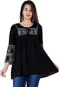 Top for Women| Embroidered Straight RayonTop | Round Neck Full Sleeves Short for Women's BR Fashion Club (Black, X-Large, x_l)
