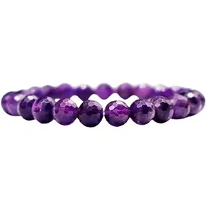 Lady Works Natural Amethyst 8mm Round Shape Faceted Cut Beads 7 Inch Stretchable Bracelet For Men & Women. Unisex Bracelet For Healing, Meditation, Prosperity, Gift & Luck|LW_BRST_00400_7.0