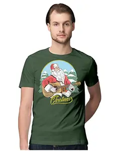 ALLEN BLACK Men's Regular Fit T-Shirt Santa Claus Playing Acoustic Guitar 100% Cotton T-Shirt Olive Green_SCPAGUITMEN-Olive Green XL Men Round_