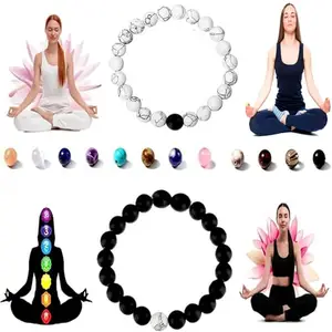Natural Healing Lava Gemstones Semi Precious Black & White Beads Stretchable Elastic Couples Bracelets For Men/Womne Pack of 2