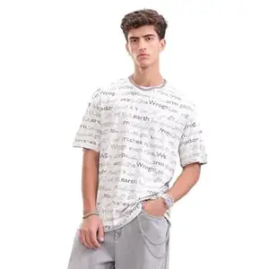 WROGN Men's Cotton T-Shirt | All Over Typography Print | Oversized Fit