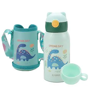 Kuber Industries Water Bottle for Kids|Dino Design Stainless Steel Flask with Straw, Cup & Fabric Cover|Sipper Bottle for Kids|Food Grade Plastic Lid|Broad Fabric Strap|Leak Proof, BPA Free|500 ml